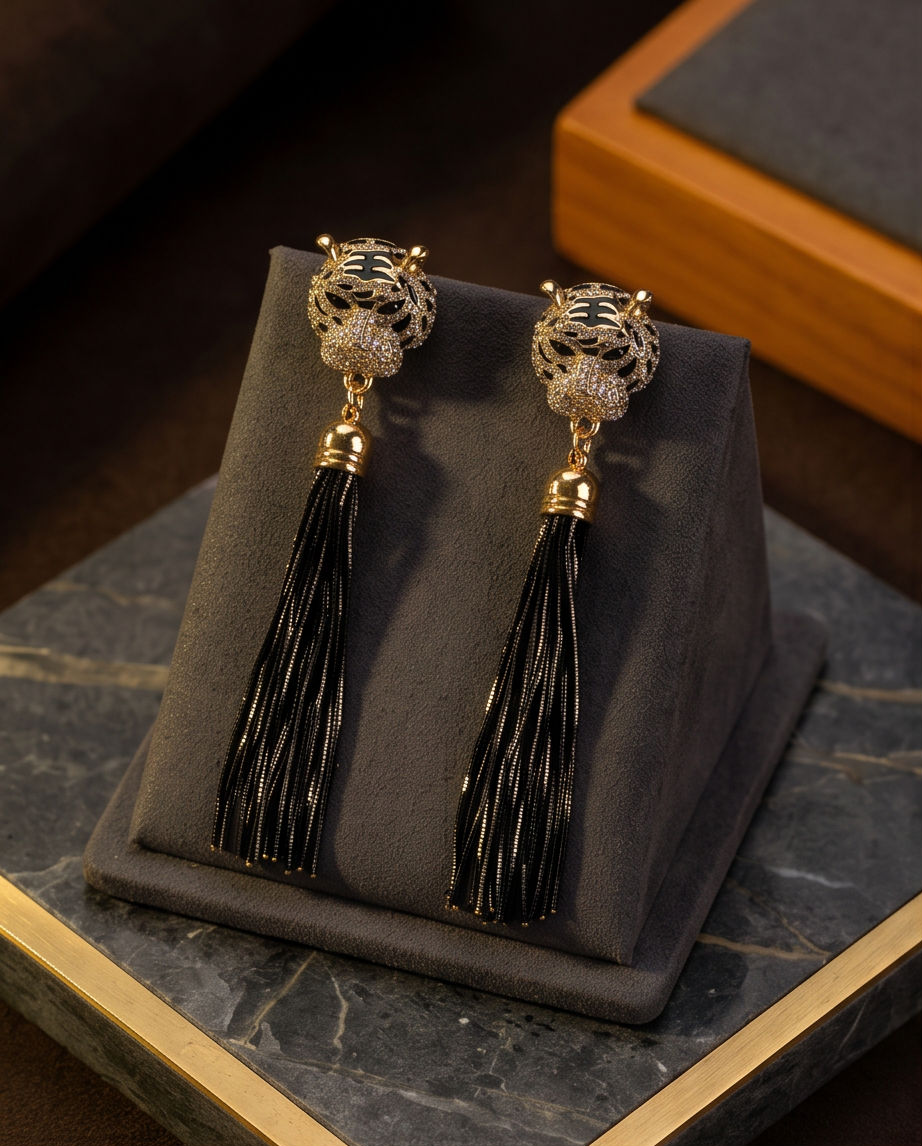 Gold Tiger Head Black Tassel Drop Earrings