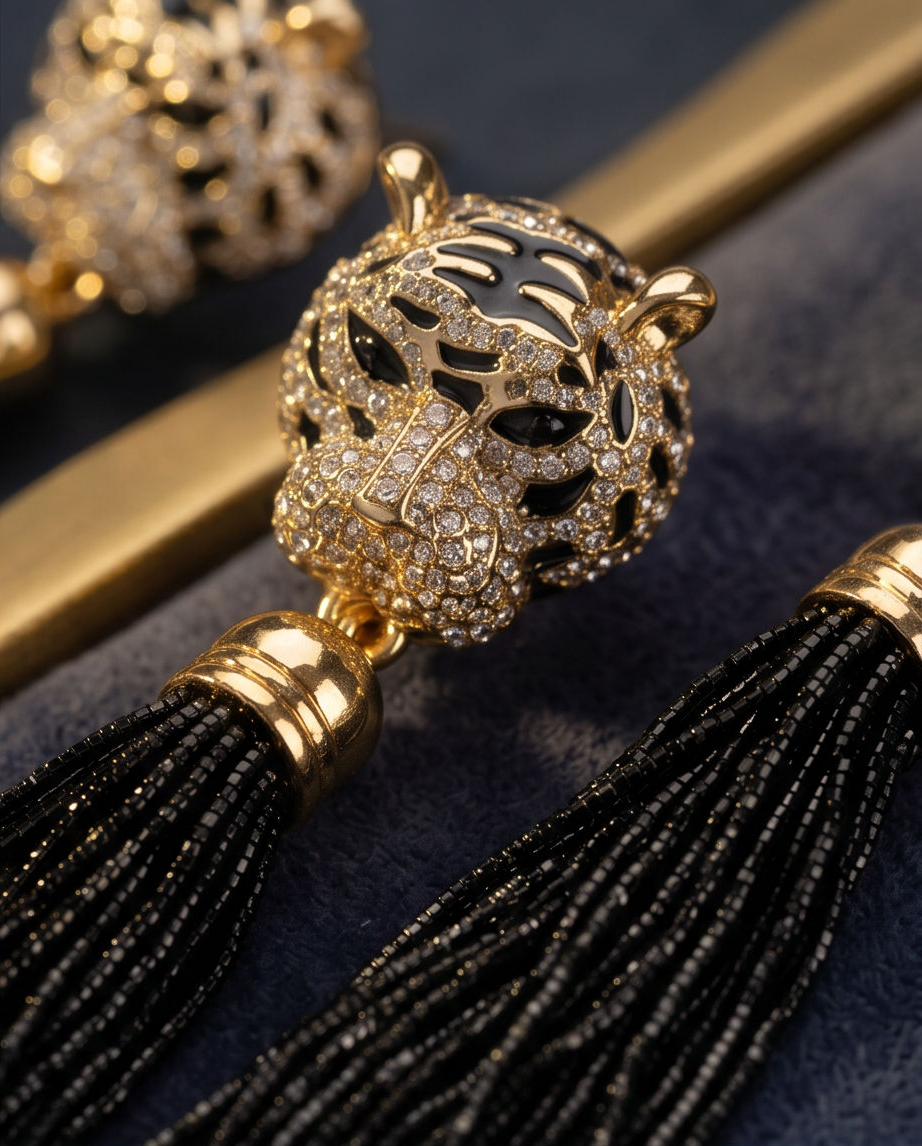 Gold Tiger Head Black Tassel Drop Earrings