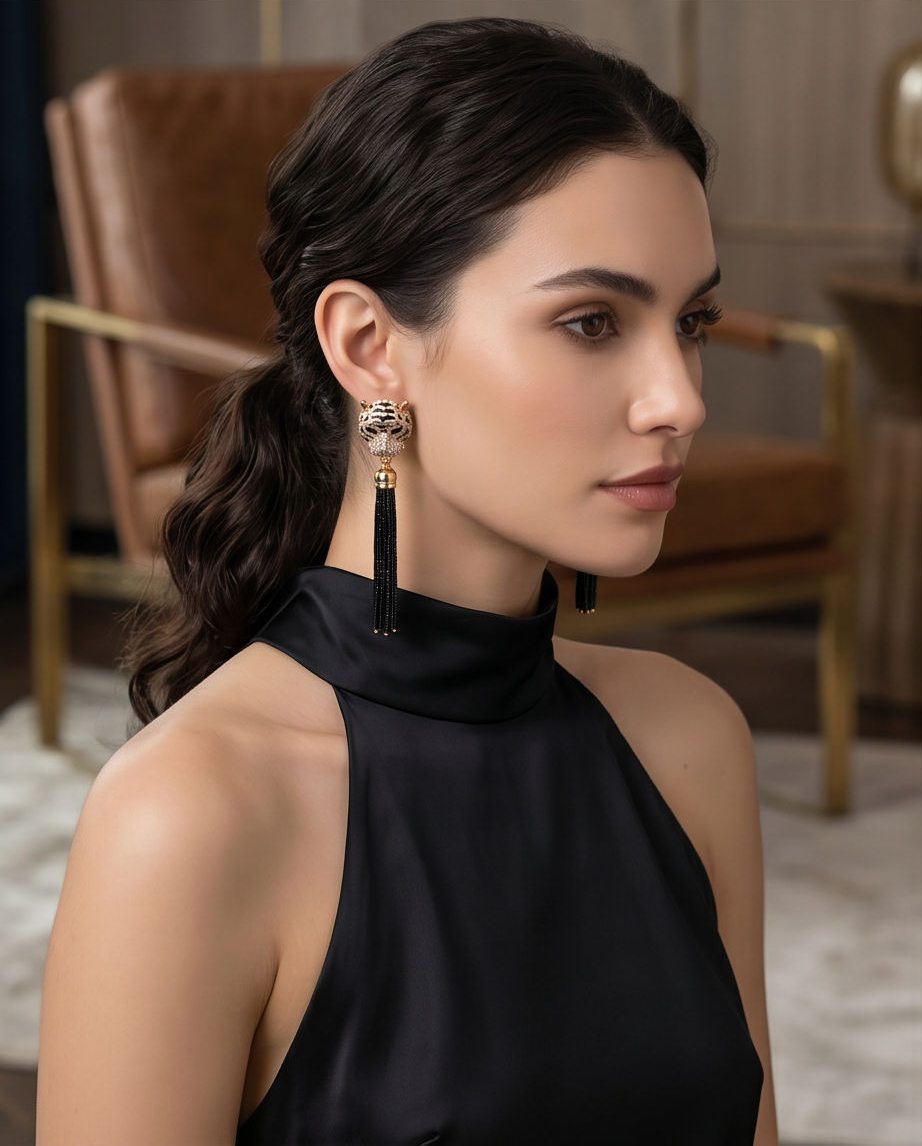 A woman in a black high-neck satin top wearing a long, dramatic statement earring with a gold-toned textured top and a long black tassel, photographed in a softly lit indoor setting.