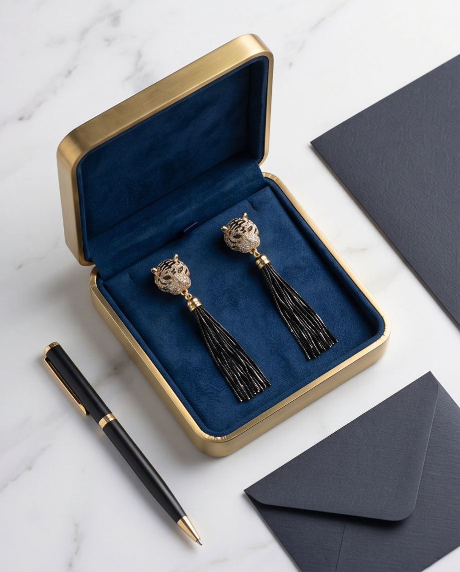 Gold Tiger Head Black Tassel Drop Earrings