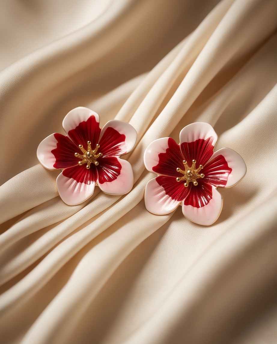 Macro close-up of red and white enamel cherry blossom flower stud earring with gold stamen detail