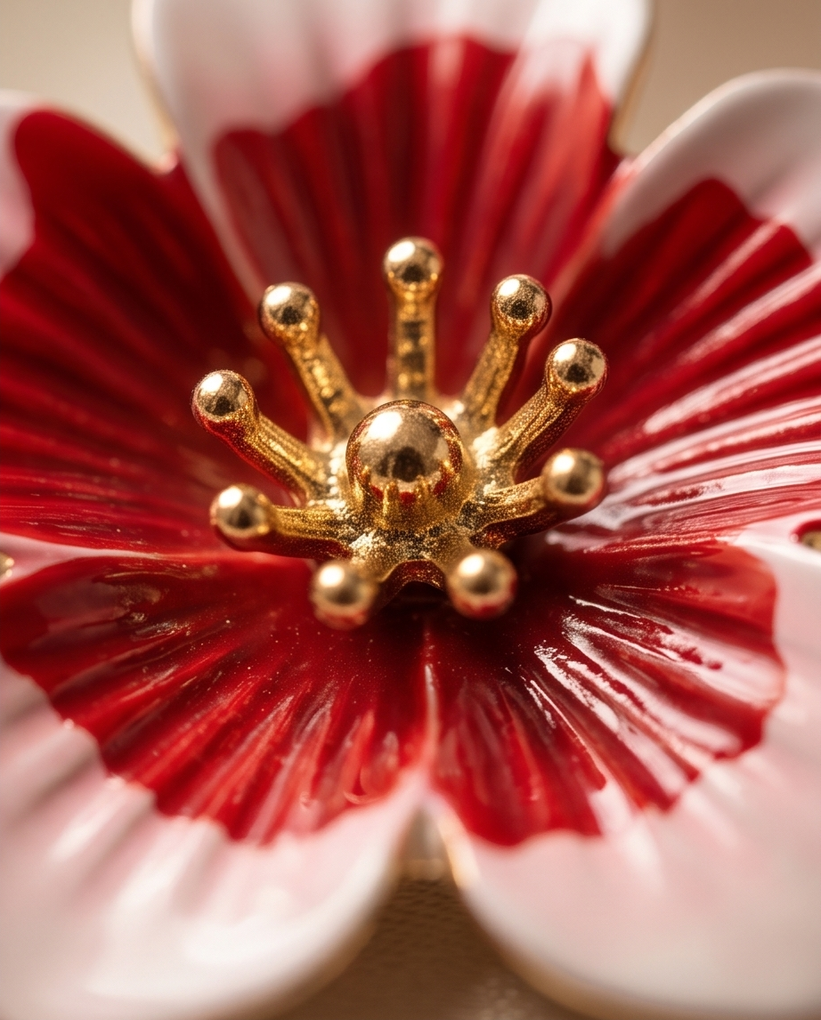 Red and white enamel cherry blossom stud earrings in burgundy velvet jewellery box on marble