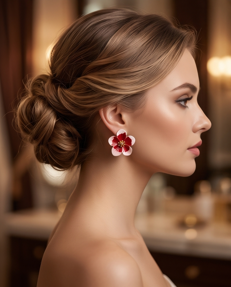 Model wearing red and white enamel cherry blossom stud earring with elegant updo in warm luxury setting
