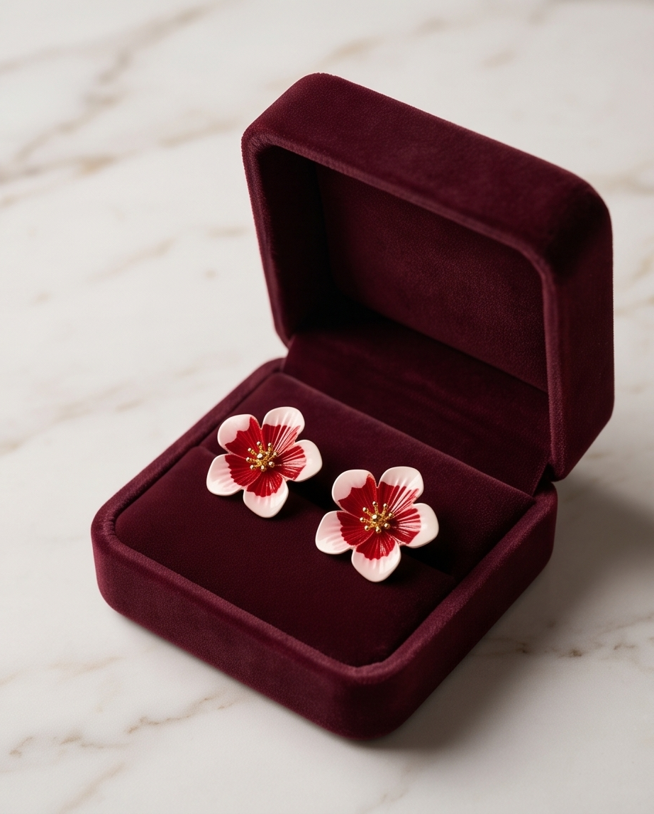 Pair of red and white enamel cherry blossom stud earrings on cream satin fabric