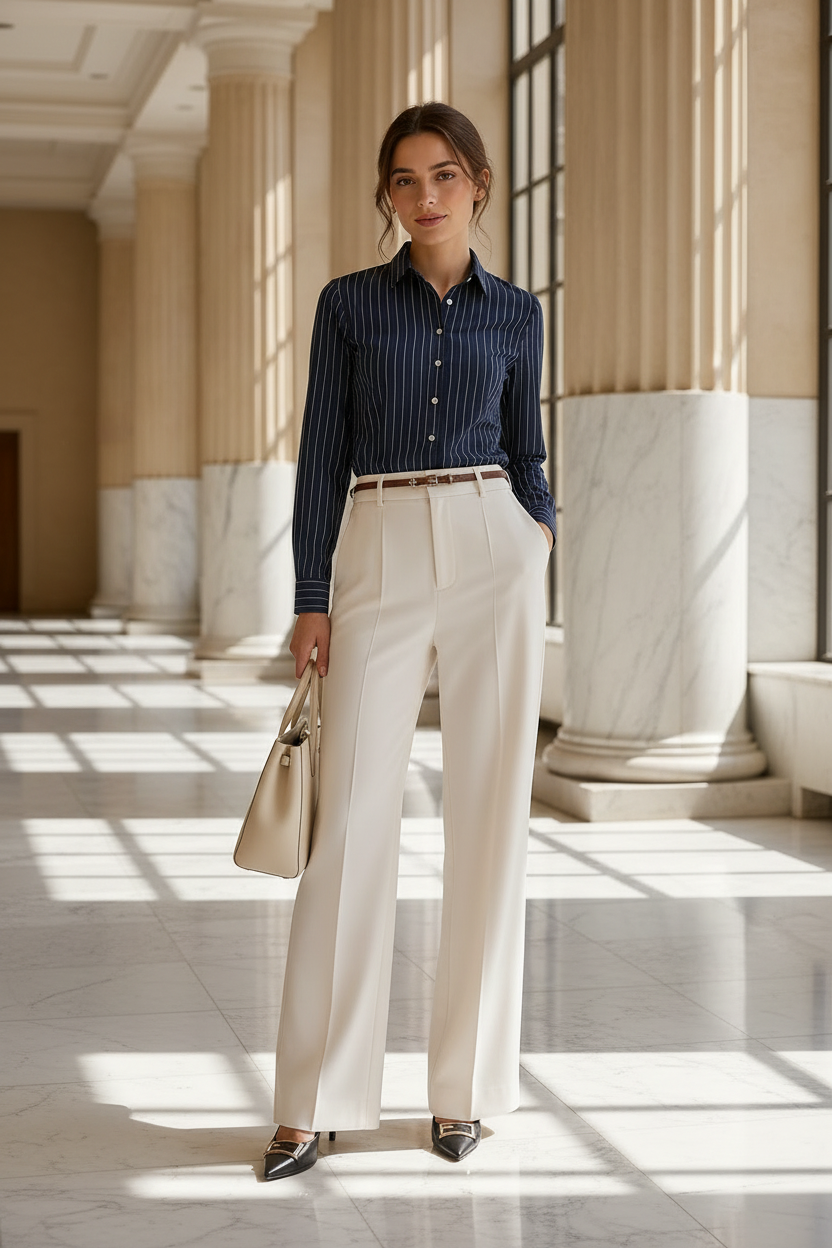 Complete The Look - Navy Shirt & Ivory Trousers Office Edit