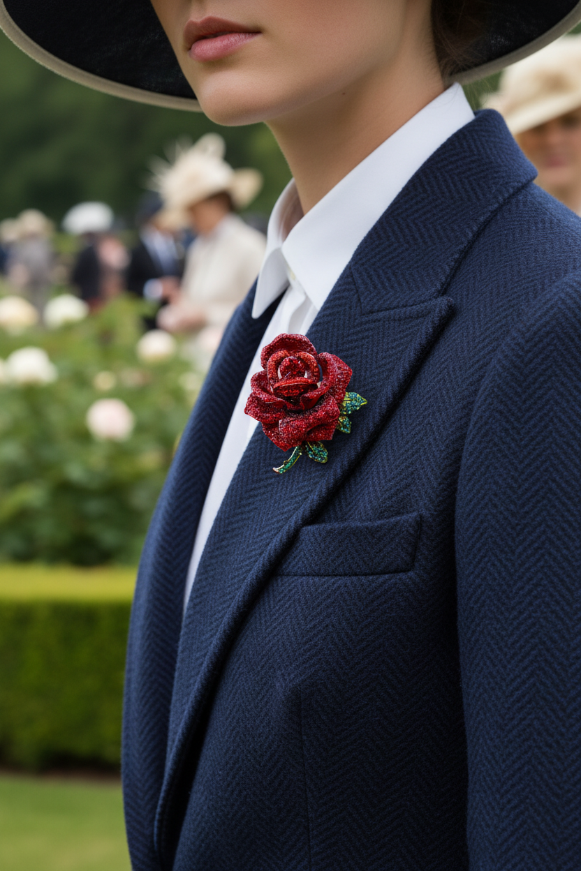 Crimson Crystal Rose Brooch — British Formal Editorial