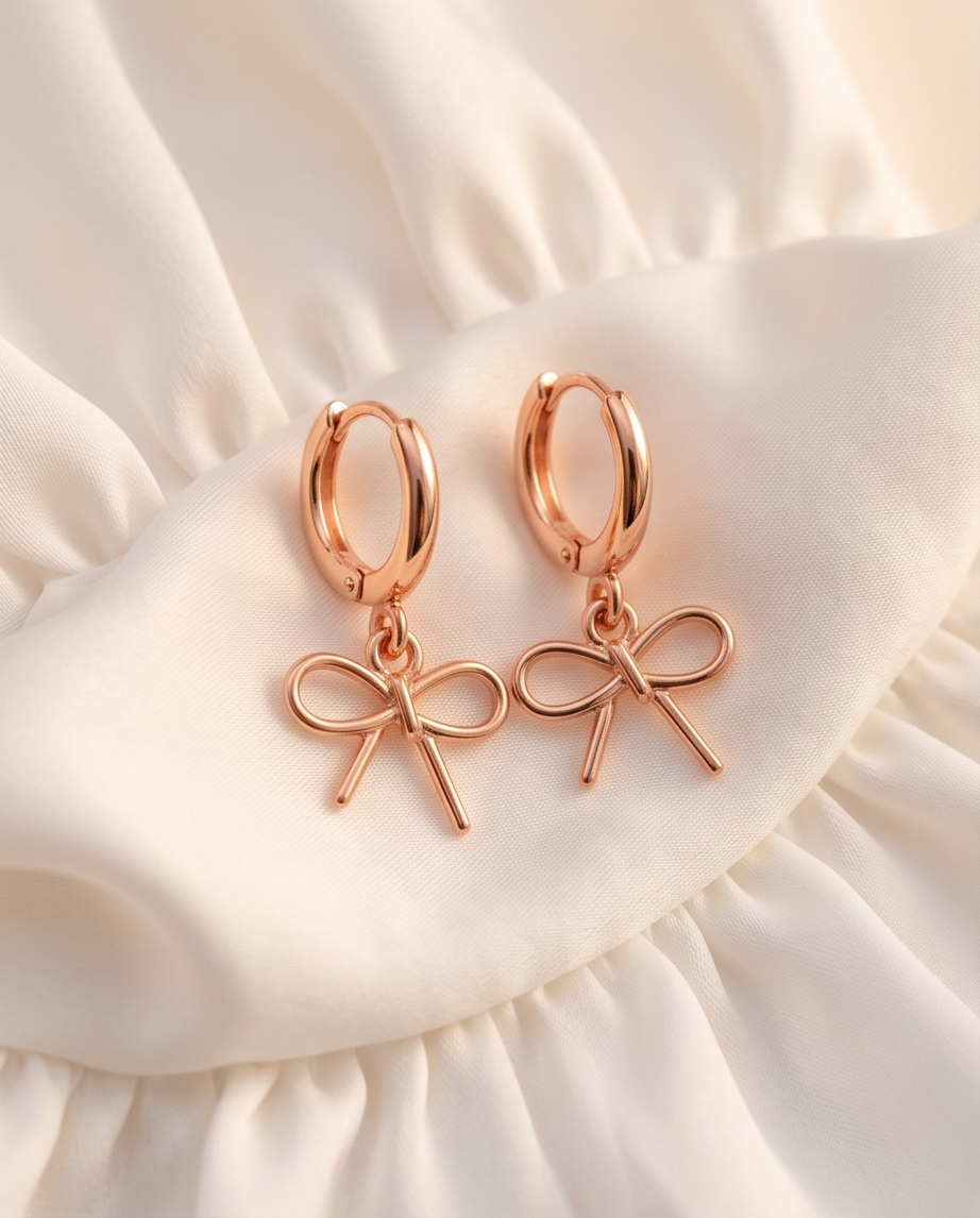 Rose Gold Bow Charm Huggie Hoop Earrings - velvet jewellery box presentation