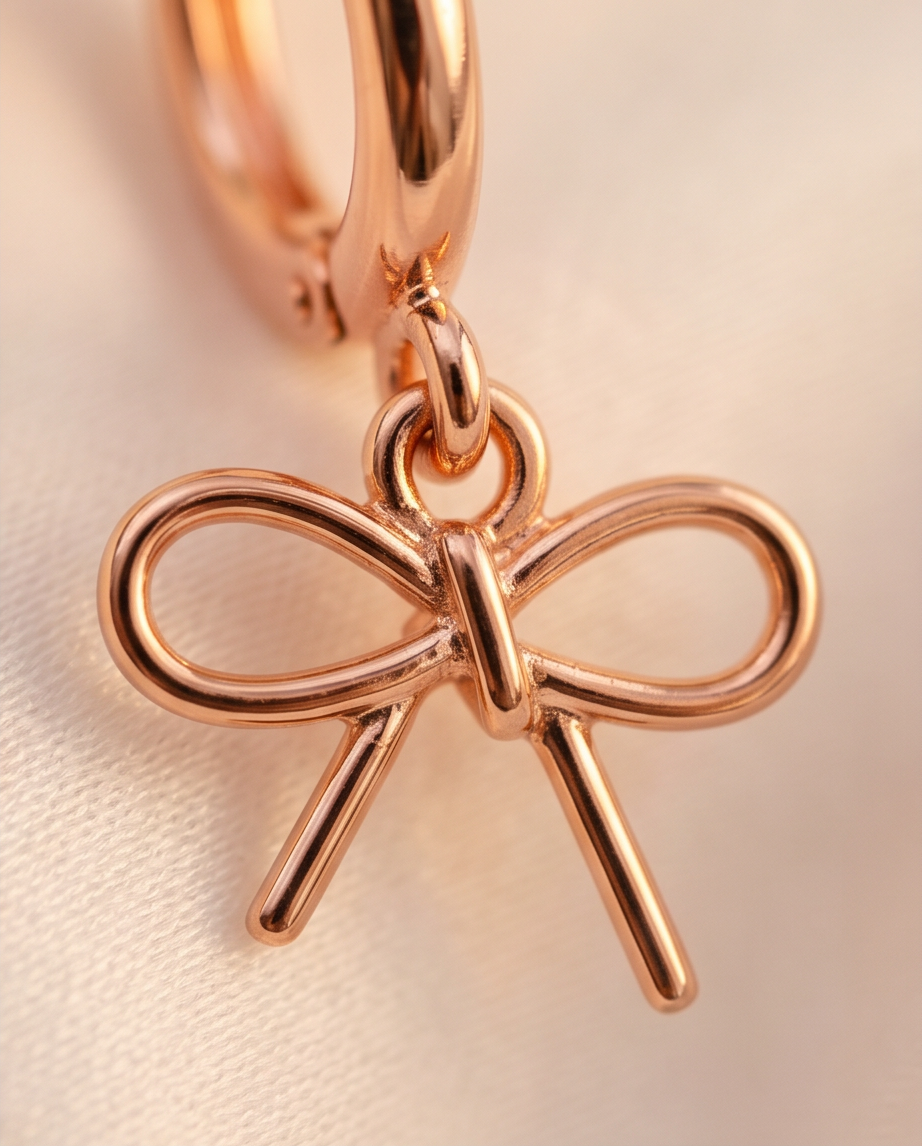 Rose Gold Bow Charm Huggie Hoop Earrings - Parisian cafe lifestyle hand hold