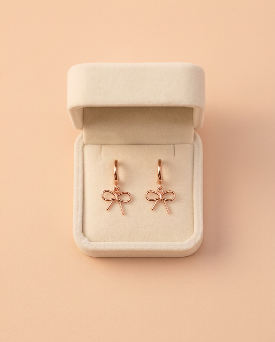Rose Gold Bow Charm Huggie Hoop Earrings - white silk fabric flat lay pair