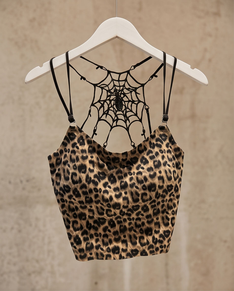 Leopard print spider web back crop cami top - model wearing