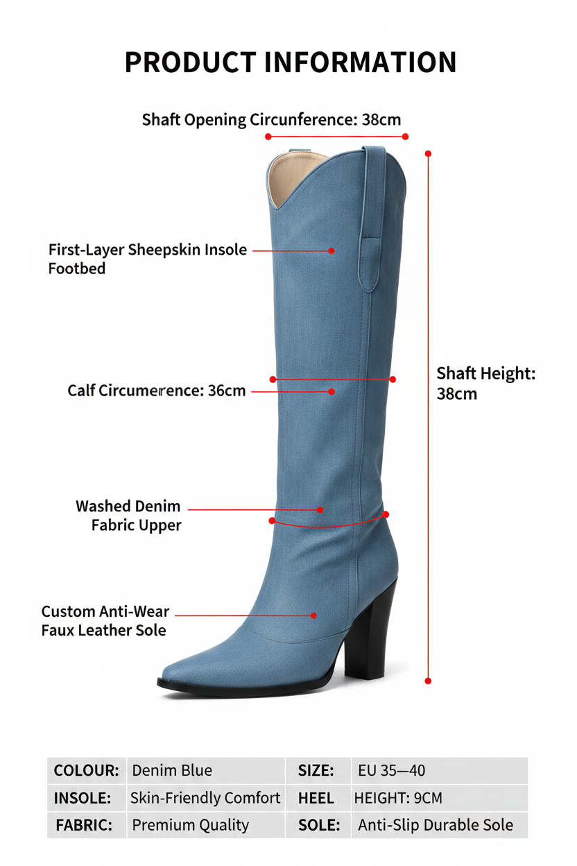 Denim Blue Knee-High Cowboy Heel Boot — Product Information
