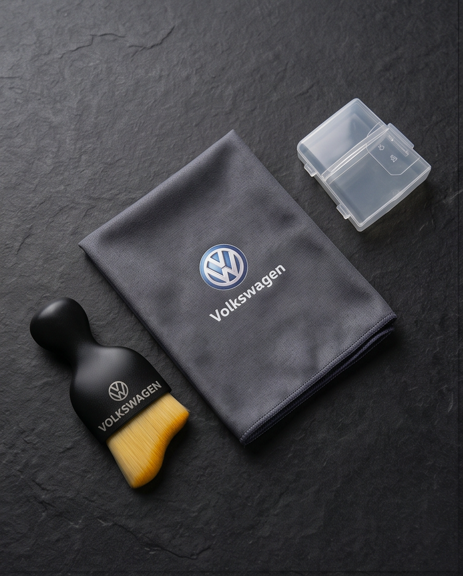 Volkswagen Car Dashboard Cleaning Set — flat lay with microfibre cloth, detailing brush and protective cap