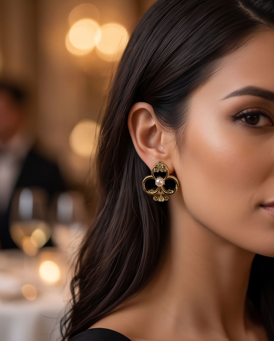 Close-up of amber spade baroque pearl earring detail