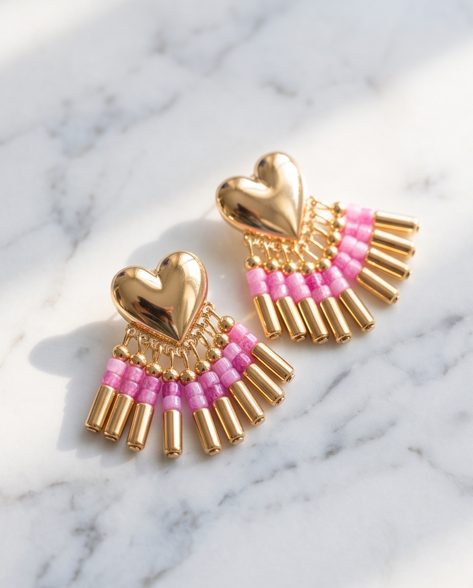Gold Puffed Heart Beaded Fringe Earrings