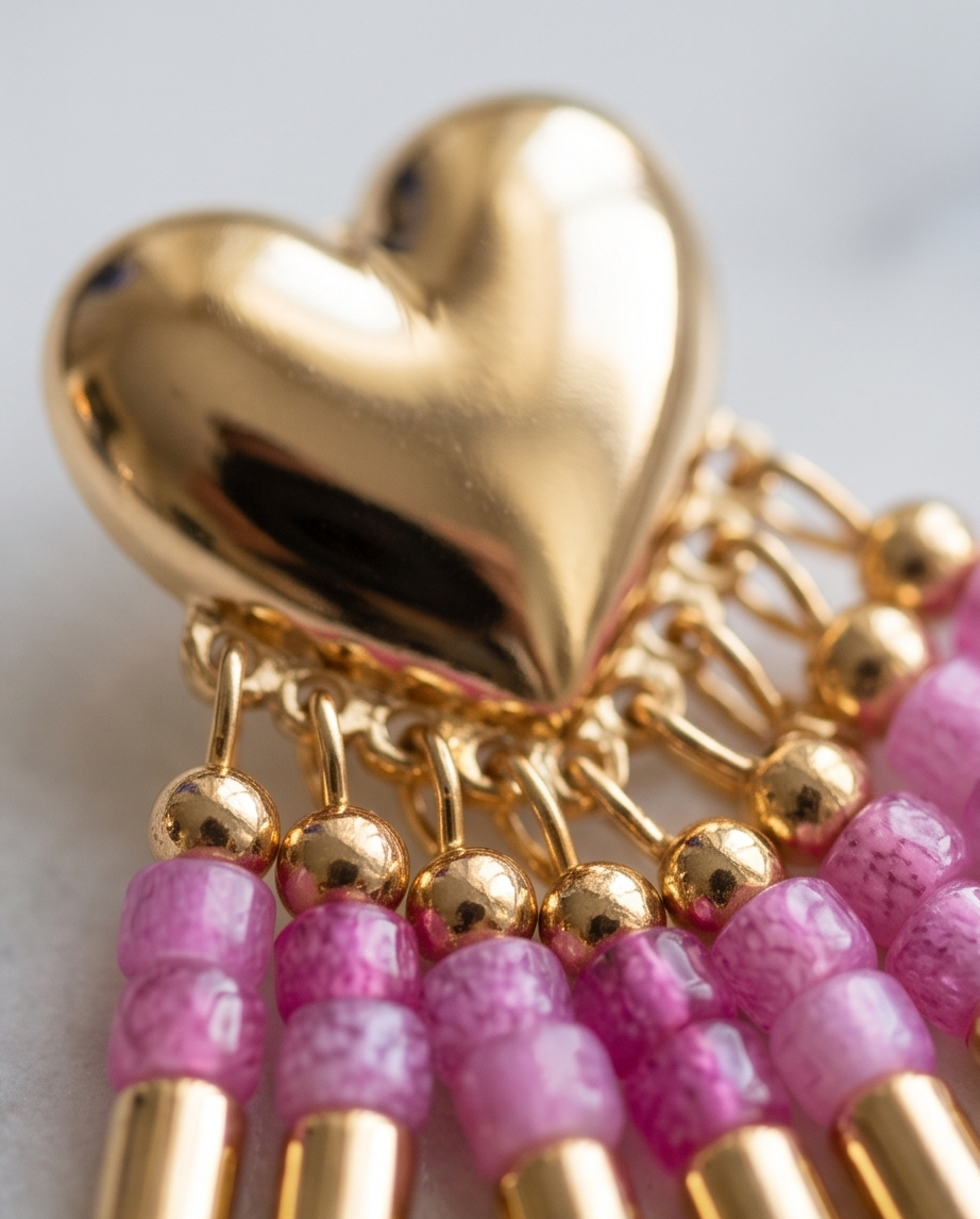 Gold Puffed Heart Beaded Fringe Earrings