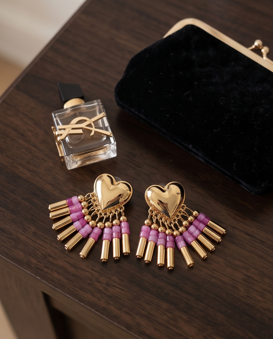 Gold Puffed Heart Beaded Fringe Earrings
