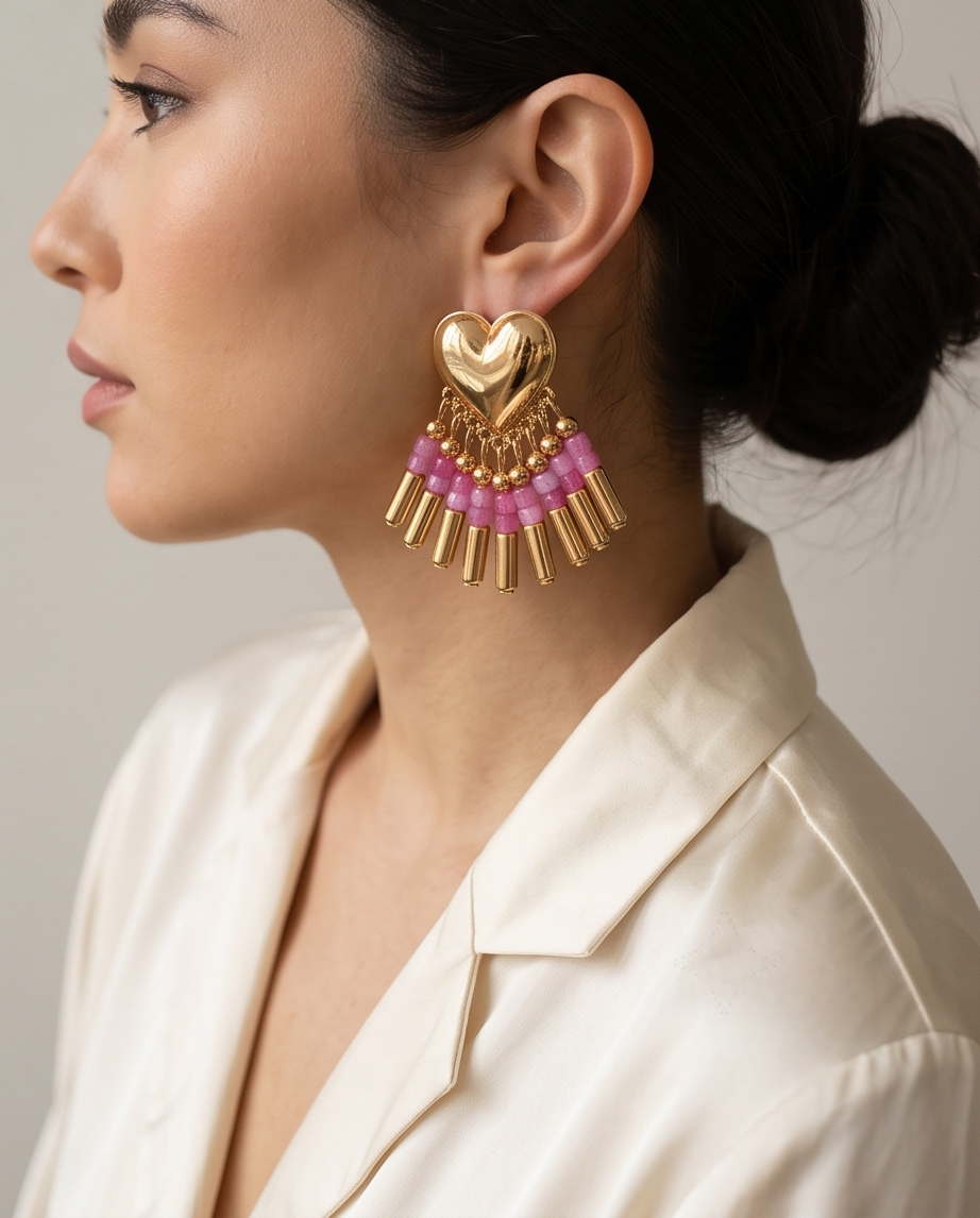 Gold Puffed Heart Beaded Fringe Earrings