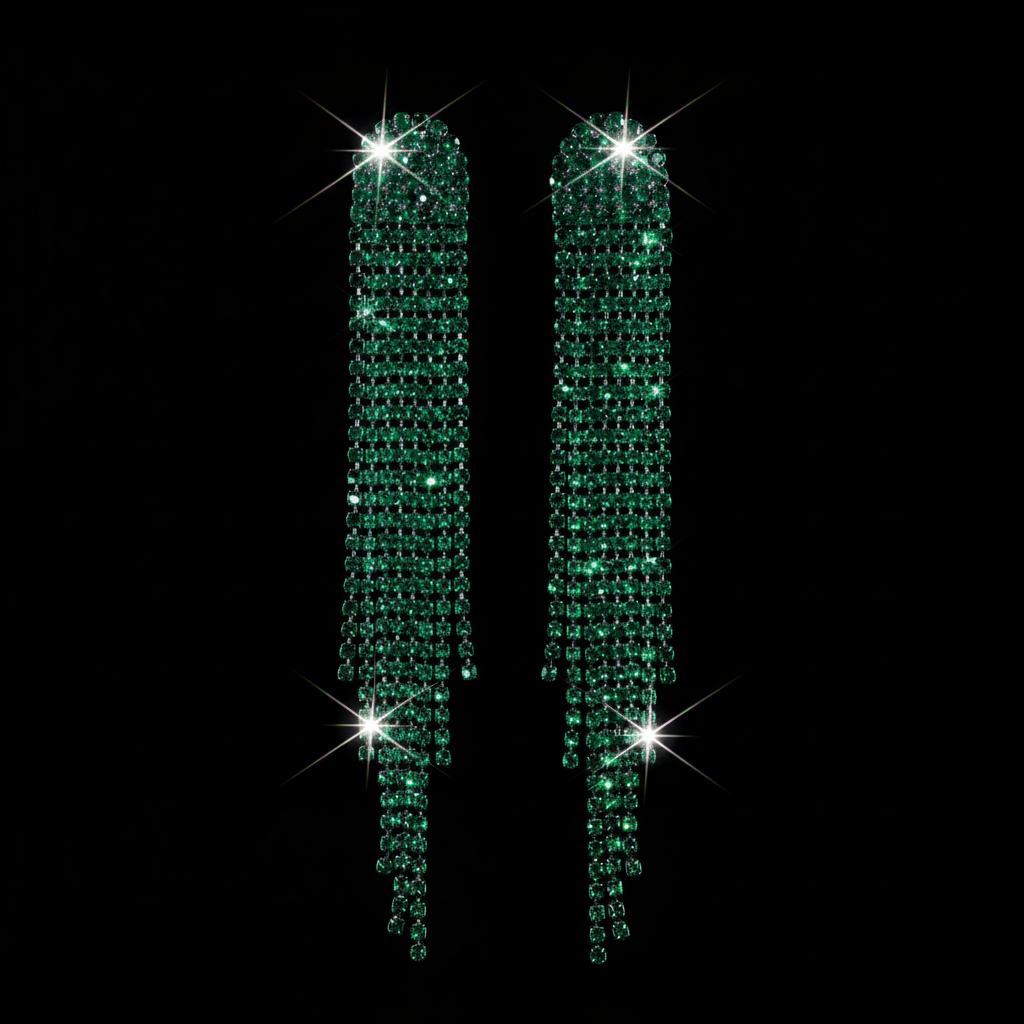 Emerald Crystal Fringe Earrings – Dark Background Sparkle 1:1