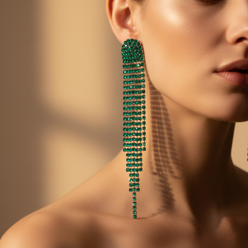 Emerald Crystal Fringe Earrings – Jawline Close-Up