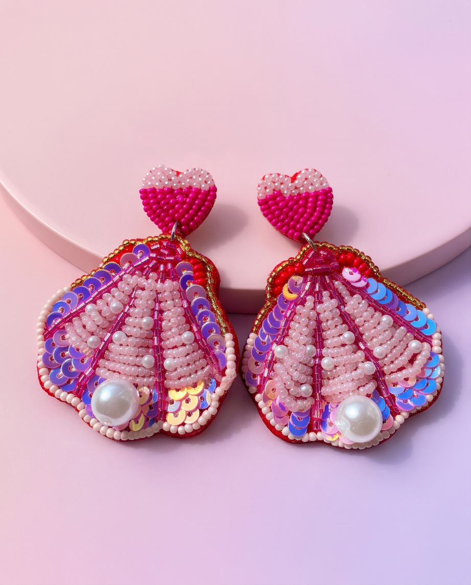Pink Beaded Sequin Shell Heart Drop Earrings