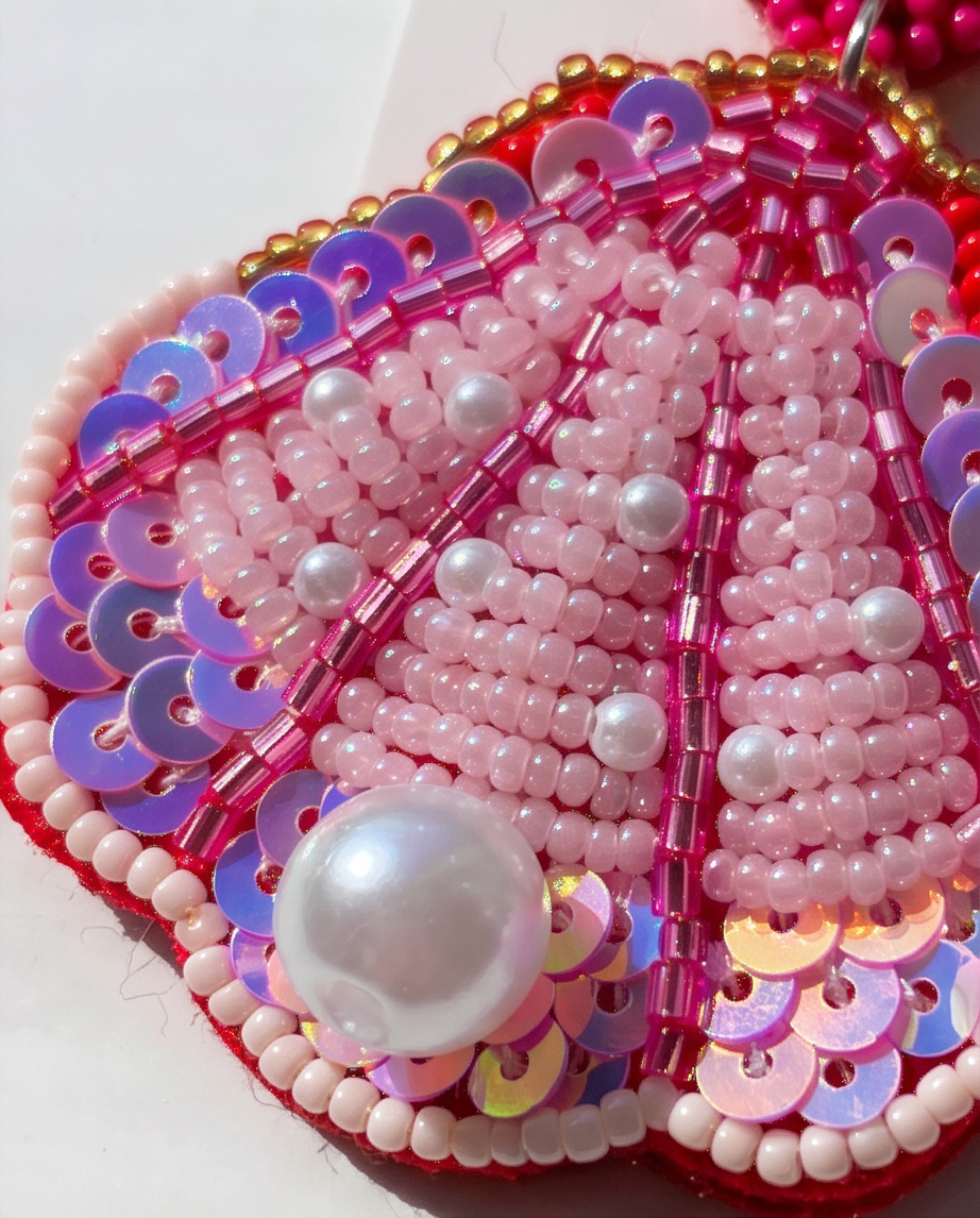 Pink Beaded Sequin Shell Heart Drop Earrings