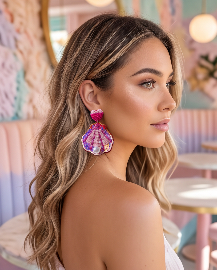 Pink Beaded Sequin Shell Heart Drop Earrings