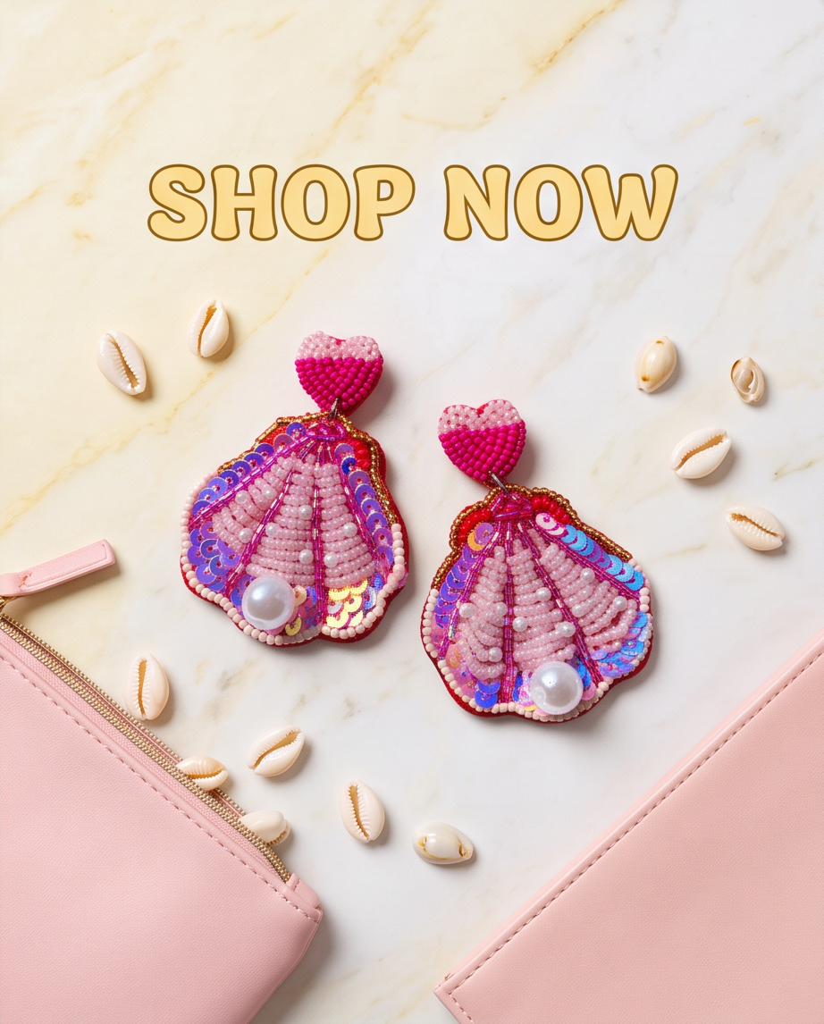 Pink Beaded Sequin Shell Heart Drop Earrings