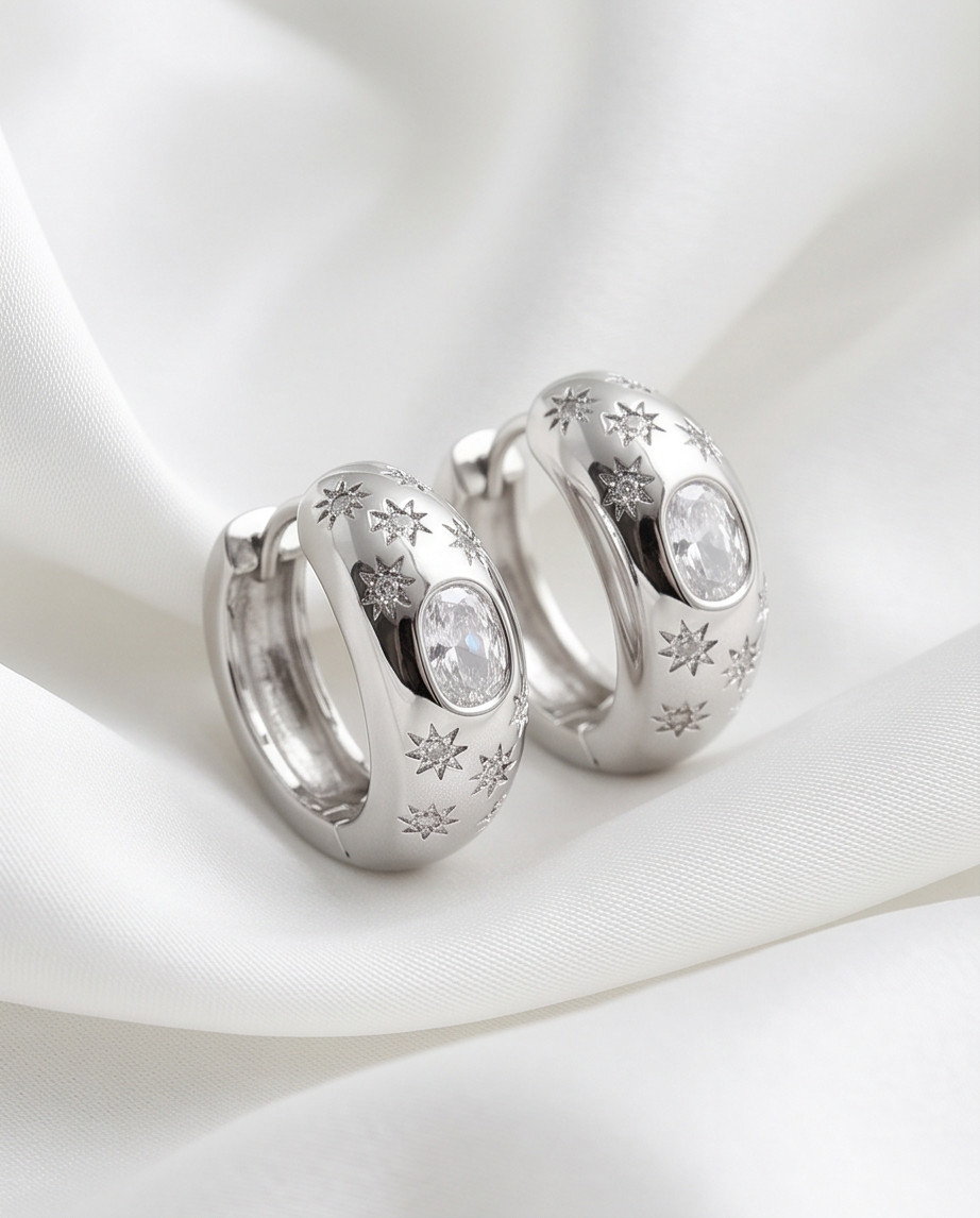 Silver Celestial Star Hoop Earrings — gift box with rose