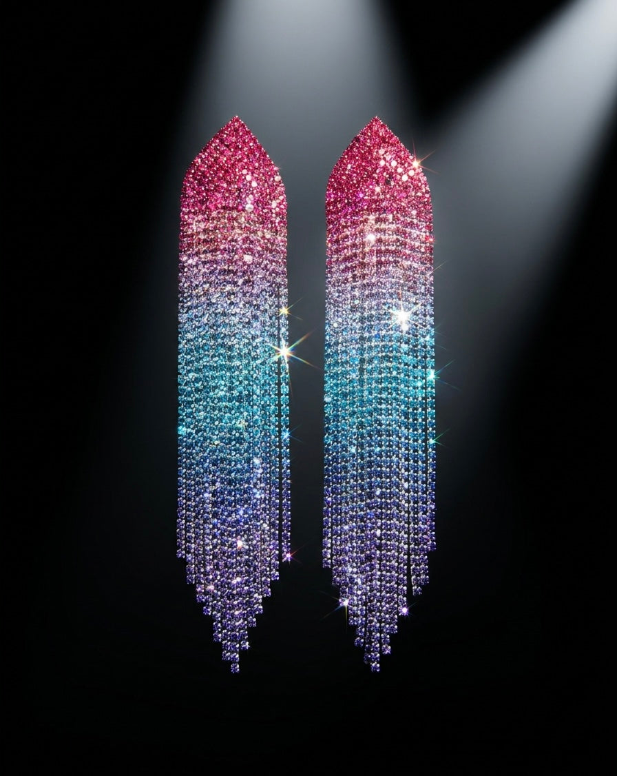 Pink to Blue Ombré Crystal Fringe Drop Earrings