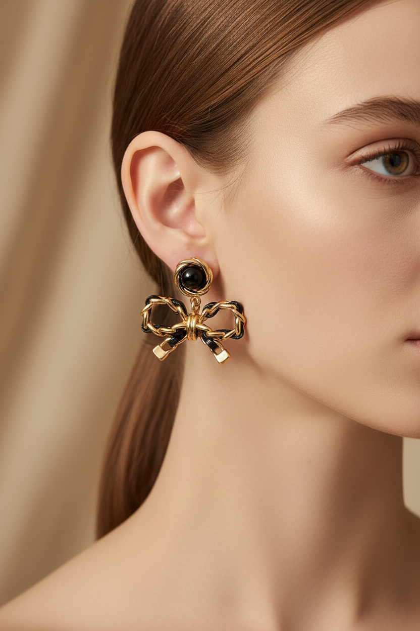 Gold & Black Chain Bow Drop Earrings — Jawline Close-Up
