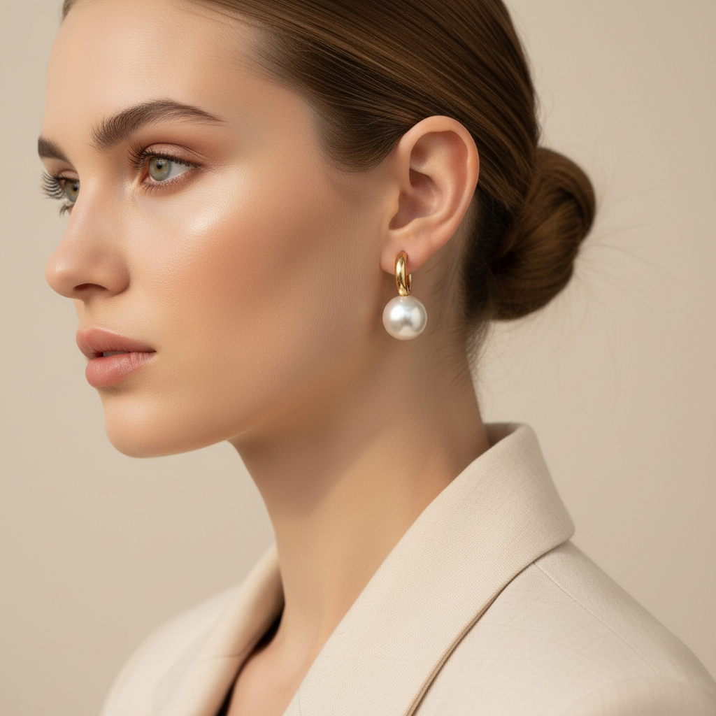 Gold Hoop Pearl Drop Earrings — Formal Office