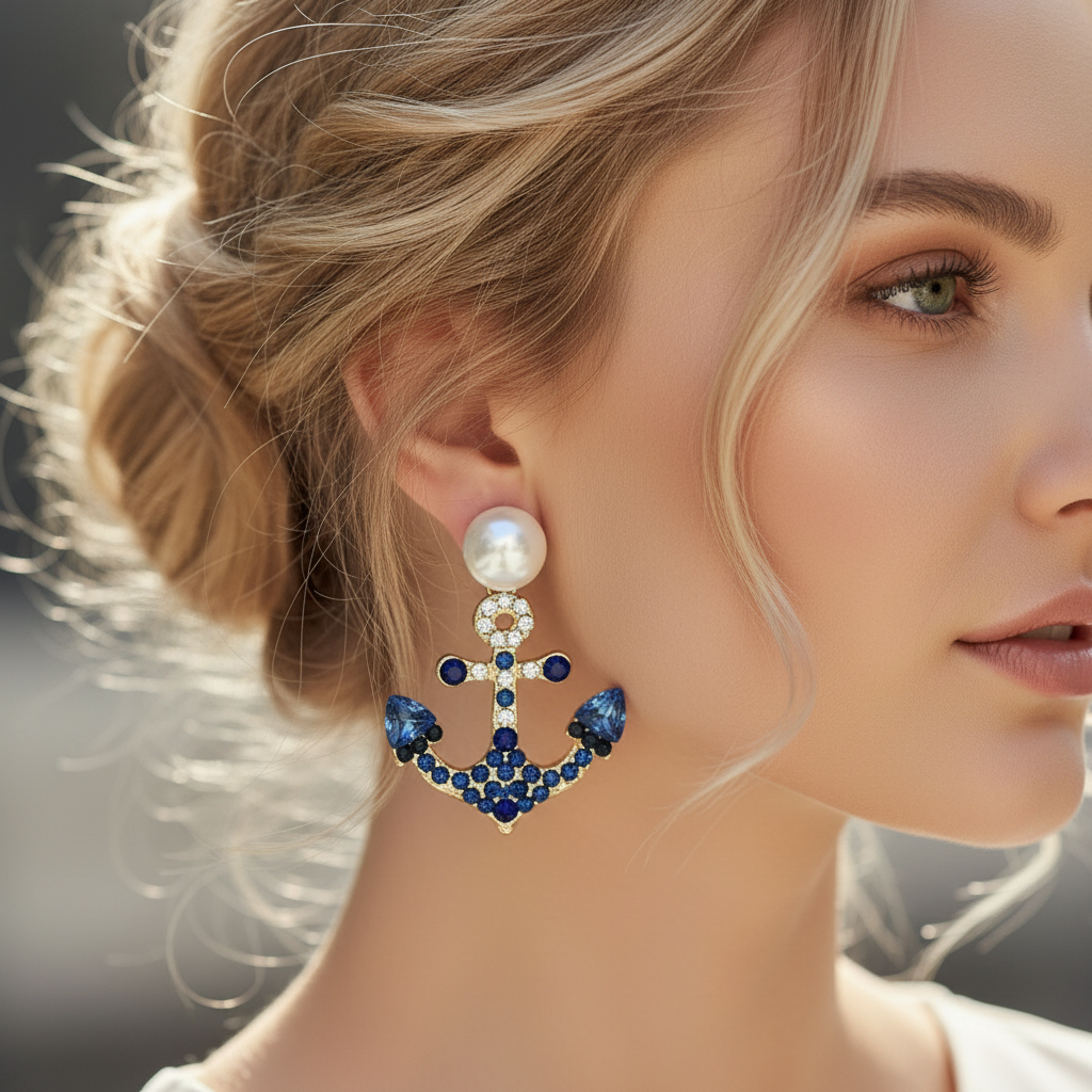 Gold Pearl & Blue Crystal Anchor Earrings — Close-up Jawline