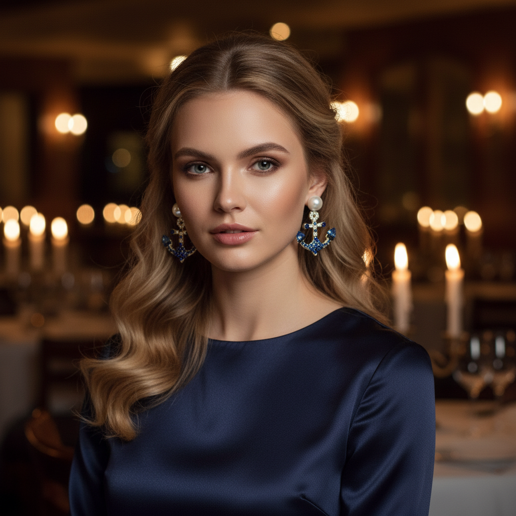 Gold Pearl & Blue Crystal Anchor Earrings — Evening Dating