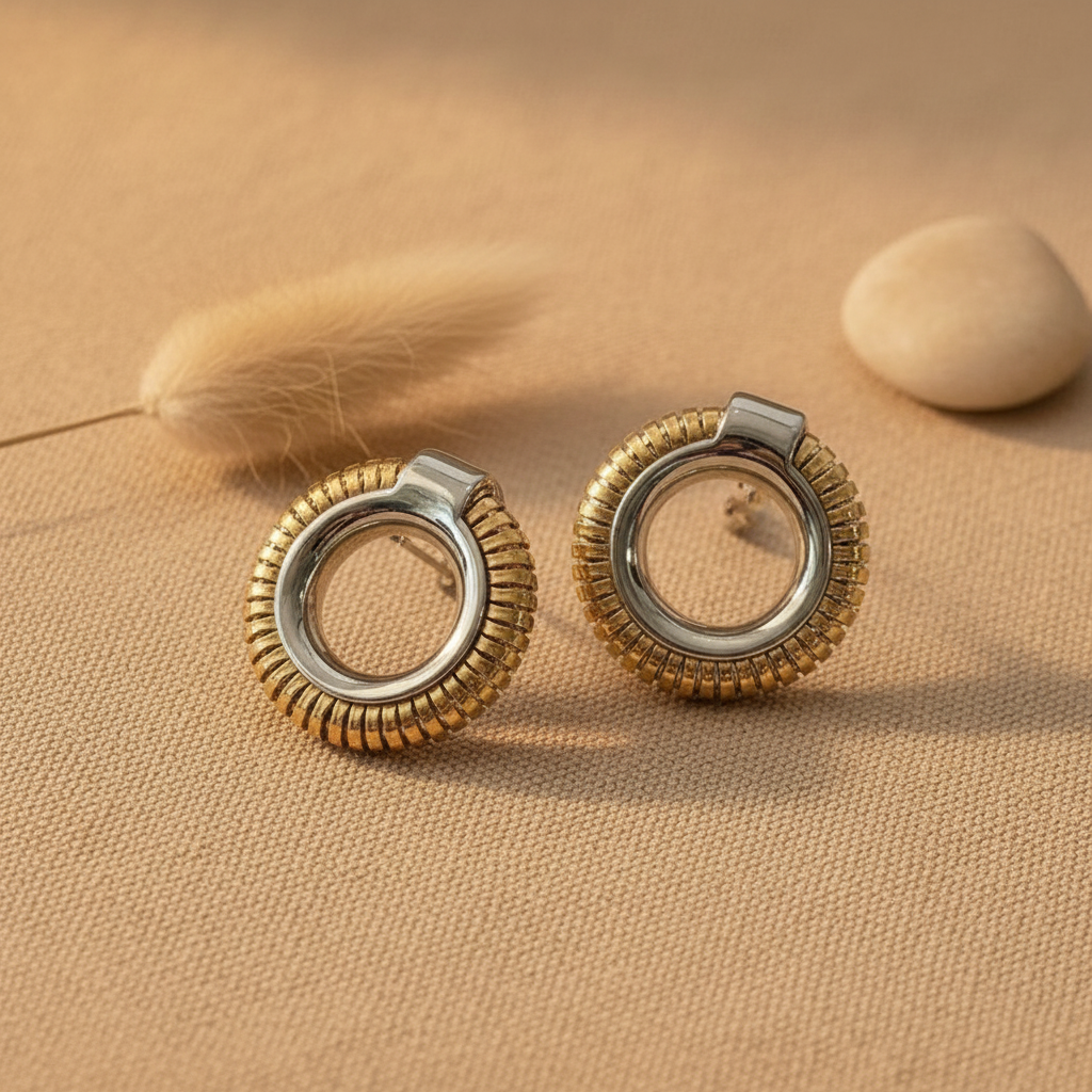 Gold & Silver Ribbed Circle Earrings Staging