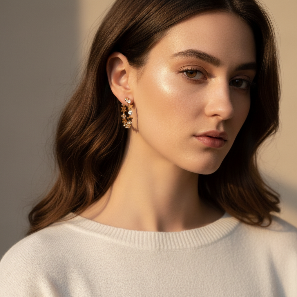 Gold Star & Crystal Hoop Earrings — Casual