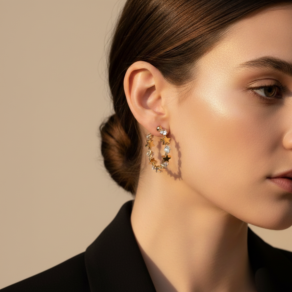Gold Star & Crystal Hoop Earrings — Formal