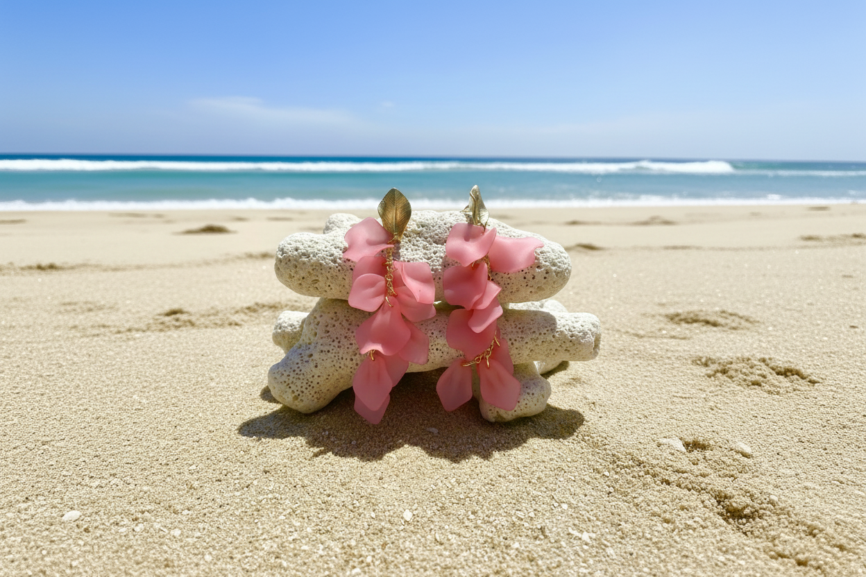 Pink petal drop earrings on coral rock on sandy beach, 3:2 landscape