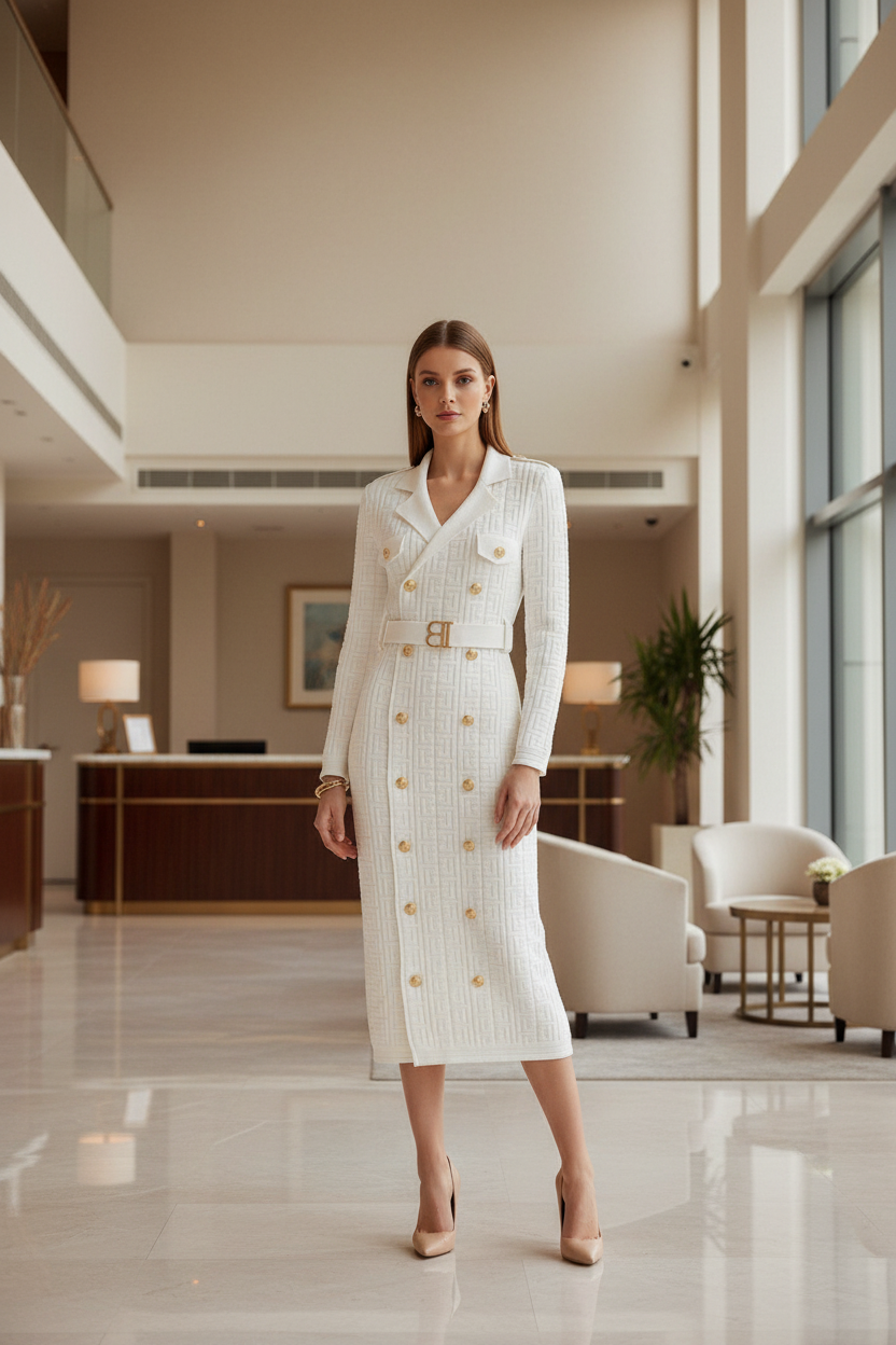 White Double-Breasted Gold Button Knit Midi Dress — Complete the Look