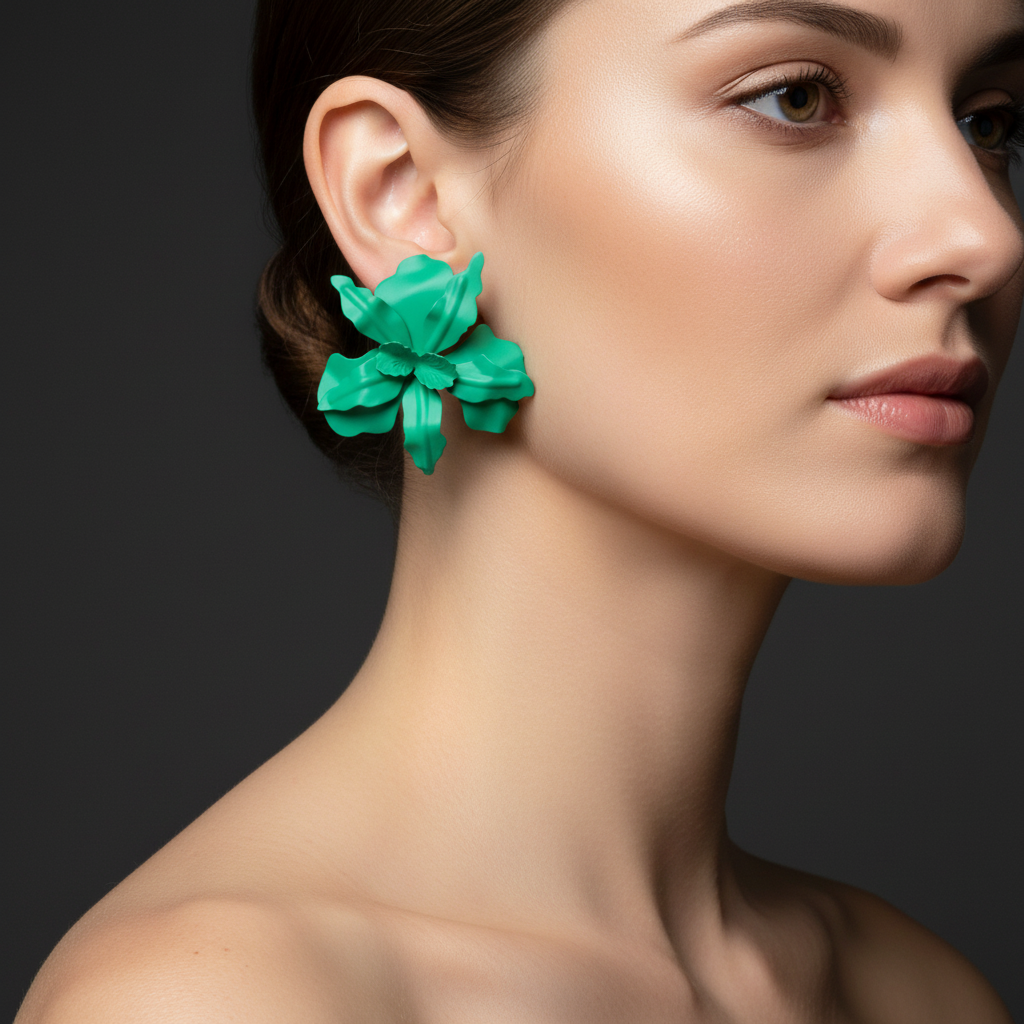 Model wearing emerald green flower cluster stud earrings close up jawline shot