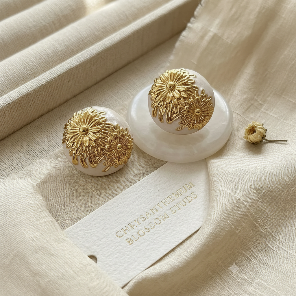Chrysanthemum Blossom Studs — true-to-scale flat lay product shot, 2 cm diameter pearl dome with gold chrysanthemum cluster