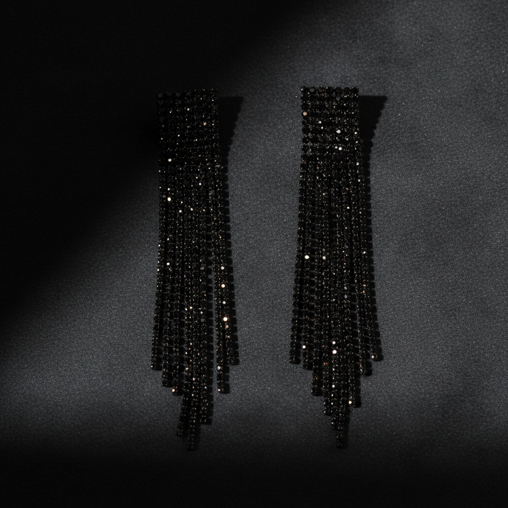 Black crystal fringe earrings professional studio staging