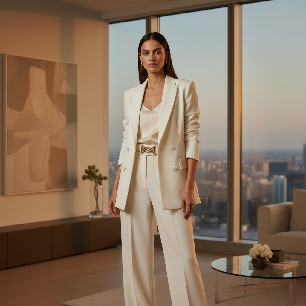 VIP Belt Power Dressing lifestyle image — white blazer and cream trousers