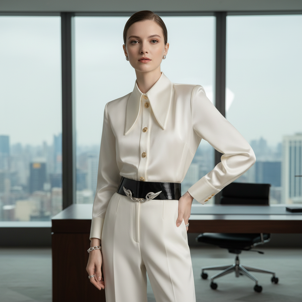 Cream Mulberry Silk Blazer Collar Blouse - lifestyle image