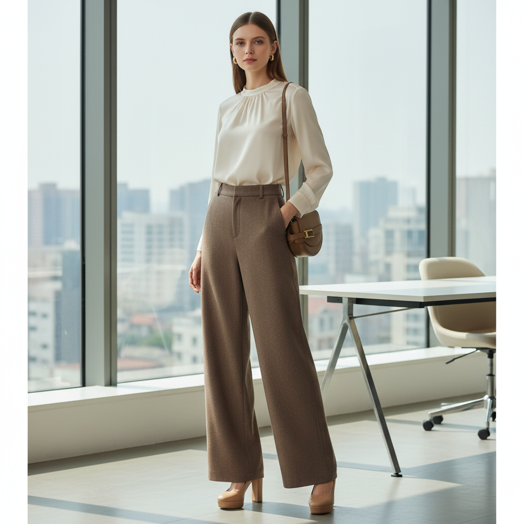 Lifestyle shot of High-Waist Wide-Leg Wool Blend Suit Trousers styled with light top and platform shoes