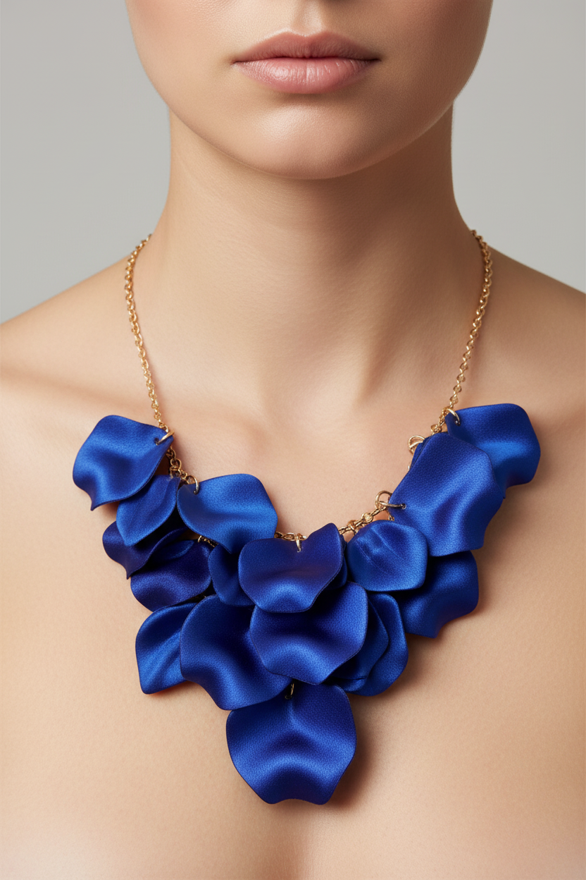 Model wearing Royal Blue Satin Petal Statement Necklace — close-up neck shot