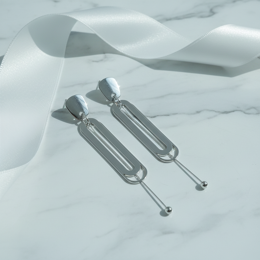 Silver oval loop drop earrings luxury staging shot on marble surface