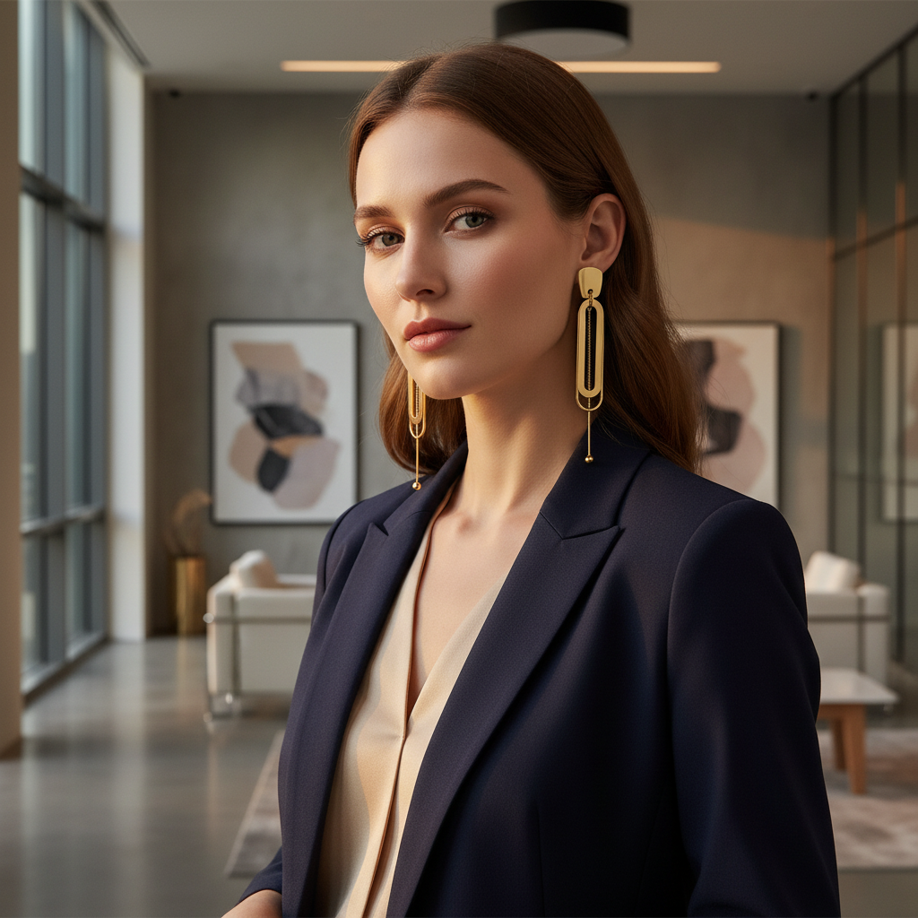 Lifestyle photo of model in corporate setting wearing gold oval loop drop earrings