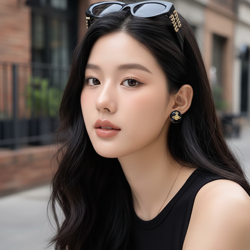 Black enamel gold Saturn orb stud earrings - urban portrait lifestyle