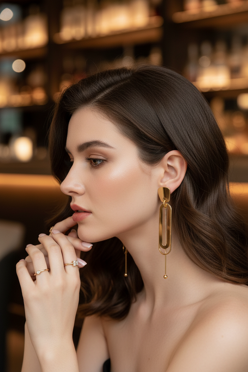 Side profile portrait of model wearing gold oval loop drop earrings