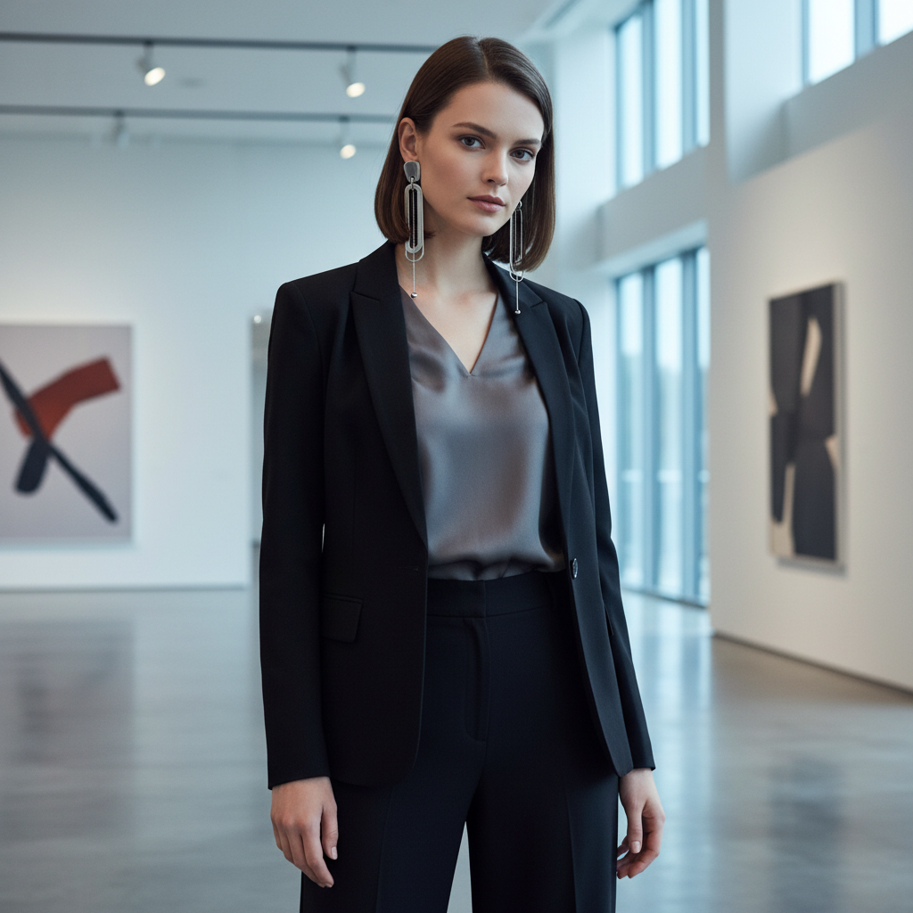 Lifestyle photo of model in corporate setting wearing silver oval loop drop earrings